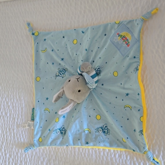 Goodnight Moon Blue Yellow Bunny Baby Blanket Lovey Soother Tie Knot Corners - Picture 4 of 5